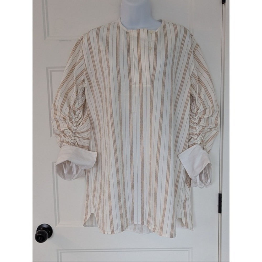 By Malene Birger Striped Ruched Sleeve Cotton Tunic Blouse White Tan Small 36 - Picture 3 of 13